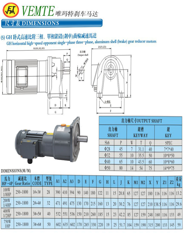GH臥式高速比付三項，單項鋁殼剎車齒輪減速馬達